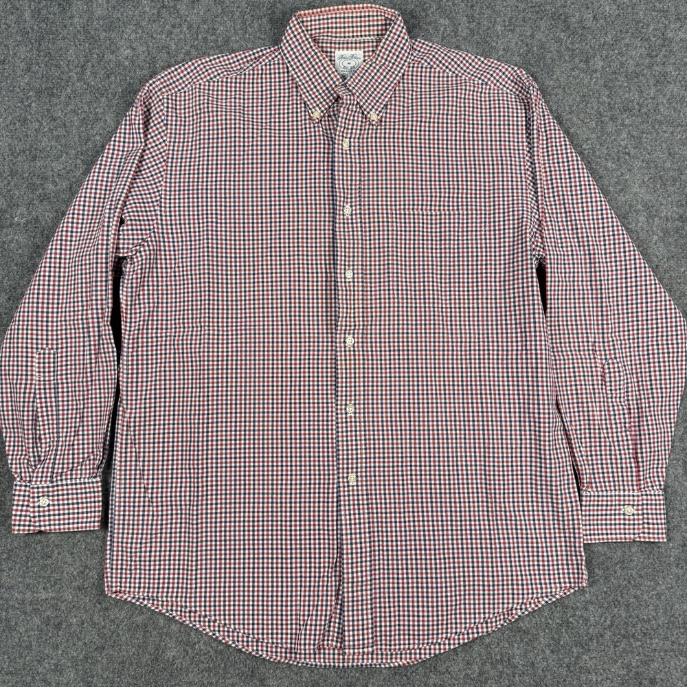 Brooks Brothers Shirt Mens Medium Relaxed Fit Red Blue Plaid Check Long Sleeve